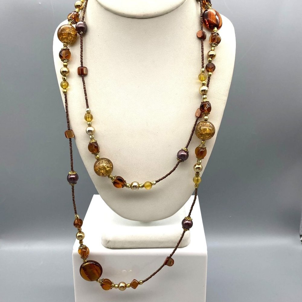 Super Long Bronze Beaded Vintage Necklace, Flashy Art Glass Stations on Seed Bea